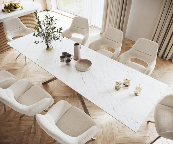 DELIFE Jídelní stůl Edge 300x100 cm keramika Laminam® Statuarietto bílá křížová podnož nerezová ocel