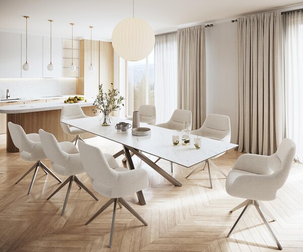 DELIFE Jídelní stůl Edge 300x100 cm keramika Laminam® Statuarietto bílá křížová podnož nerezová ocel