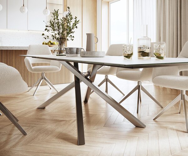 DELIFE Jídelní stůl Edge 300x100 cm keramika Laminam® Statuarietto bílá křížová podnož nerezová ocel