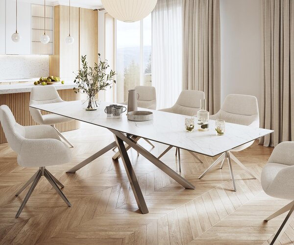 DELIFE Jídelní stůl Edge 300x100 cm keramika Laminam® Statuarietto bílá křížová podnož nerezová ocel