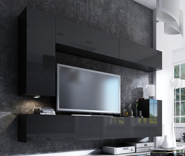 Obývací stěna modulární Combo, varianta 7 grafit/ Černý lesk - Konec série