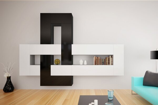 Obývací stěna modulární Combo, varianta 29 Bílá/Černý lesk