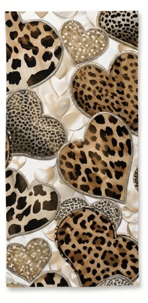 Rychleschnoucí plážová osuška LEOPARD HEARTS hnědo-bílá 70 x 140 cm, 100% mikrovlákno