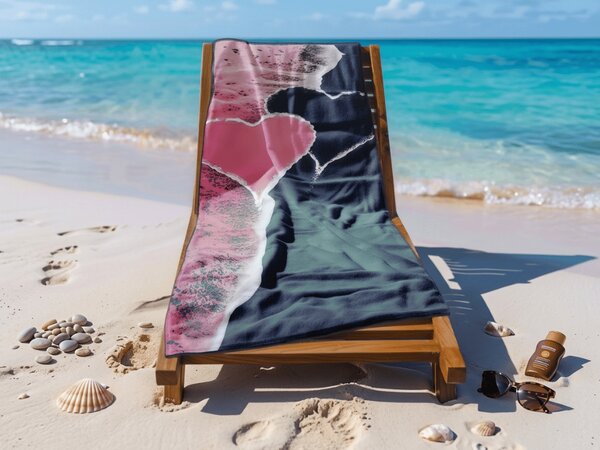 Rychleschnoucí plážová osuška SEA OF HEARTS růžovo-černá 70 x 140 cm, 100% mikrovlákno
