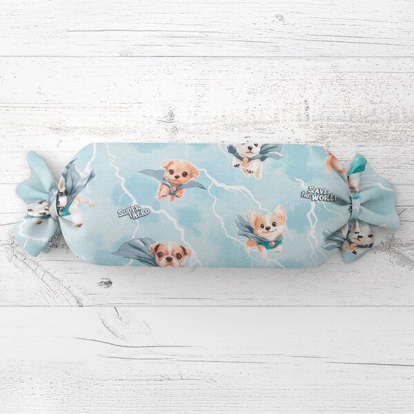 Biante Dětský polštář válec bonbon Sandra SA-651 Psí superhrdinové na ledově modrém 15x40 cm