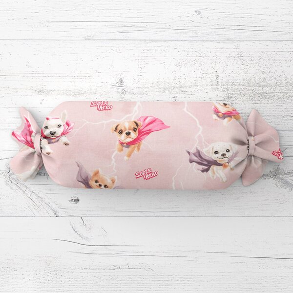 Biante Dětský polštář válec bonbon Sandra SA-650 Psí superhrdinové na starorůžovém 15x40 cm