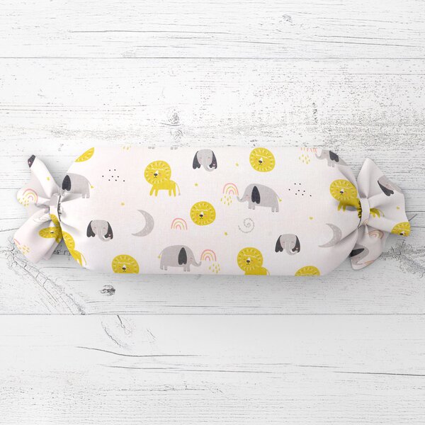 Biante Dětský polštář válec bonbon Sandra SA-649 Sloni a lvi na bílém 15x40 cm