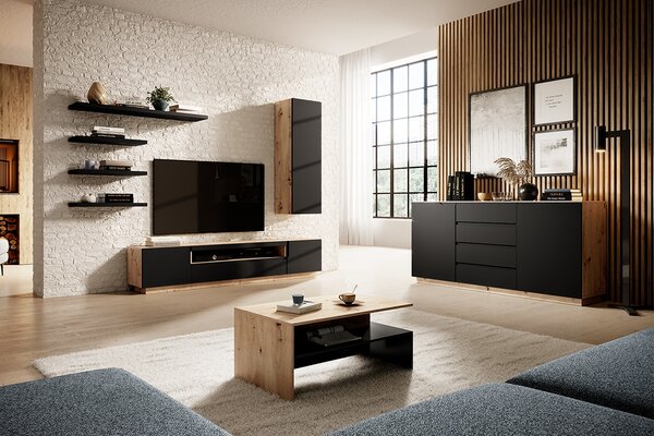 Loftová TV skříňka Loftia 200 cm dvoudveřová s nikou - artisan / černý mat