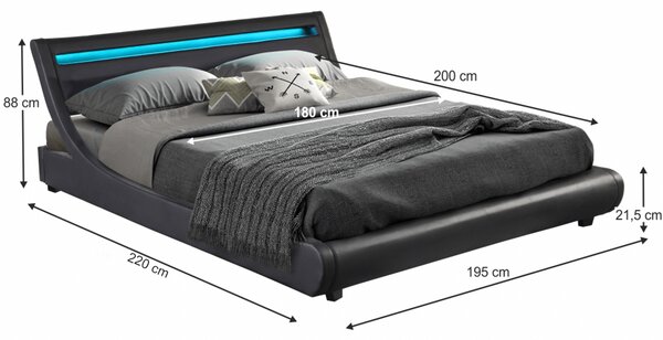 KONDELA Manželská postel s RGB LED osvětlením, černá, 180x200, FELINA