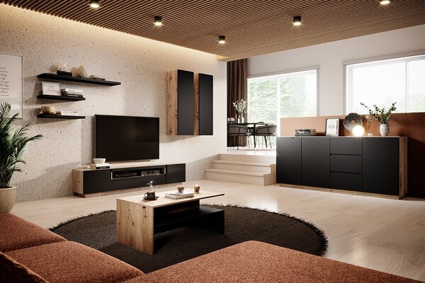 TV stolek Loftia 200 cm dvoudveřový s výklenkem - dub artisan / černý mat