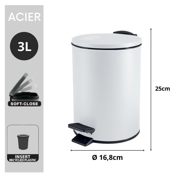 Spirella pedálový odpadkový koš ADELAR, matná bílá, ocel, 3 L