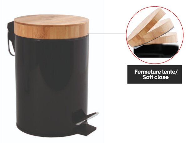 MSV pedálový odpadkový koš AZA, černá ocel, bambusové víko, 3 L