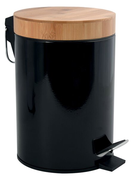 MSV pedálový odpadkový koš AZA, černá ocel, bambusové víko, 3 L