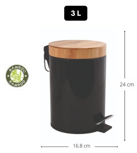 MSV pedálový odpadkový koš AZA, černá ocel, bambusové víko, 3 L
