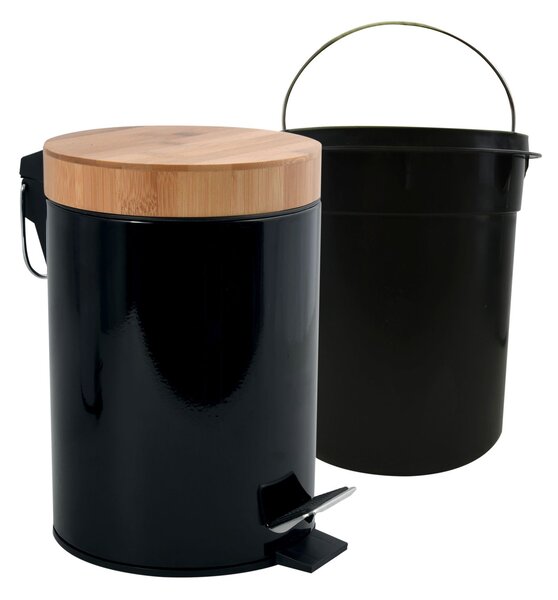 MSV pedálový odpadkový koš AZA, černá ocel, bambusové víko, 3 L