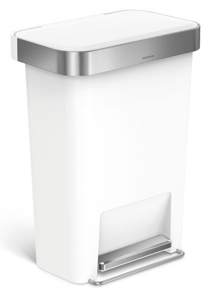Pedálový odpadkový koš Simplehuman – 45 l, kapsa na sáčky, obdélníkový, bílý plast / nerez