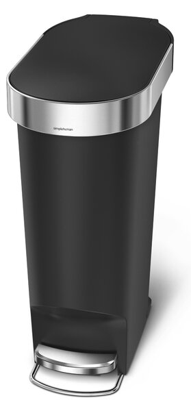 Simplehuman pedálový odpadkový koš, 40 l, černý plast, úzký, oválný, s nerez krytem sáčku