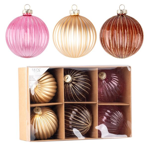 Koule sklo 6ks 60mm na stromeček mix, čirá s glitrem, růžová