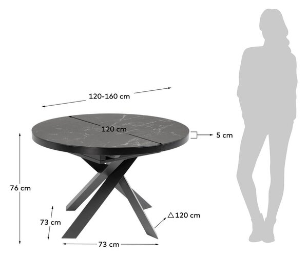 Černý kulatý rozkládací jídelní stůl s keramickou deskou ø 160 cm Vashti – Kave Home
