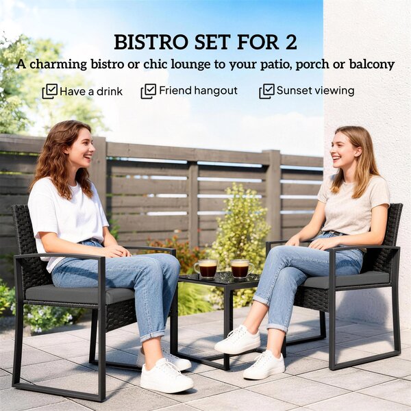Outsunny 3dílná ratanová bistro sada – 2 zahradní křesla a stolek s odnímatelnými sedáky, tmavě šedá | Aosom