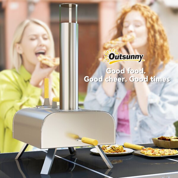 Outsunny Zahradní Pizza Trouba na Dřevo z Nerezové Ocele s 1 cm Tlustou Pizza Kamennou, Sklopné Nohy, Pizza Lopata, Poklop, Přenosná Trouba na Dřevo p