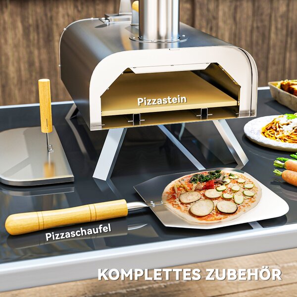 Outsunny Zahradní Pizza Trouba na Dřevo z Nerezové Ocele s 1 cm Tlustou Pizza Kamennou, Sklopné Nohy, Pizza Lopata, Poklop, Přenosná Trouba na Dřevo p