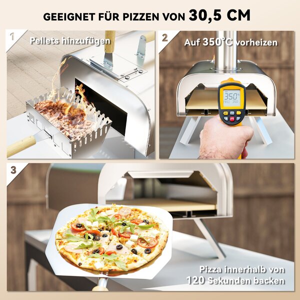Outsunny Zahradní Pizza Trouba na Dřevo z Nerezové Ocele s 1 cm Tlustou Pizza Kamennou, Sklopné Nohy, Pizza Lopata, Poklop, Přenosná Trouba na Dřevo p