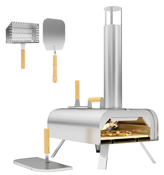 Outsunny Zahradní Pizza Trouba na Dřevo z Nerezové Ocele s 1 cm Tlustou Pizza Kamennou, Sklopné Nohy, Pizza Lopata, Poklop, Přenosná Trouba na Dřevo p