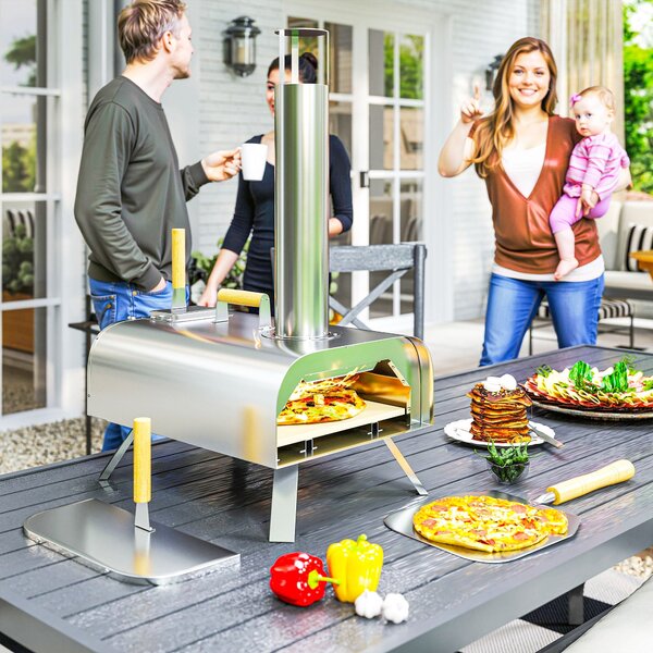 Outsunny Zahradní Pizza Trouba na Dřevo z Nerezové Ocele s 1 cm Tlustou Pizza Kamennou, Sklopné Nohy, Pizza Lopata, Poklop, Přenosná Trouba na Dřevo p