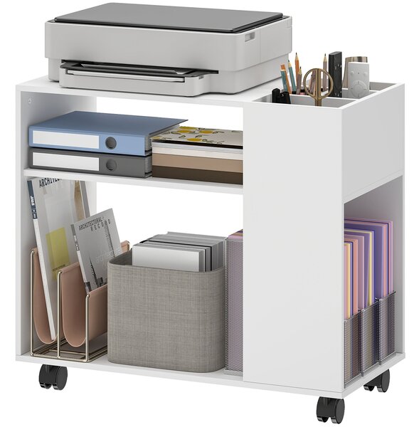 HOMCOM stojan na tiskárnu s dělitelným organizérem a brzdícími kolečky — 70 x 34 x 60 cm, bílý | Aosom