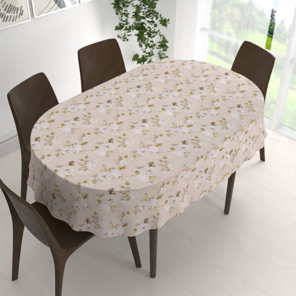 Biante Dekorační oválný ubrus PML-059 Bílé růže s perokresbou na béžovém 100x140 cm