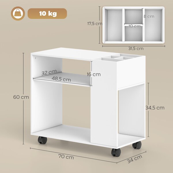 HOMCOM stojan na tiskárnu s dělitelným organizérem a brzdícími kolečky — 70 x 34 x 60 cm, bílý | Aosom