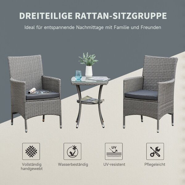 Souprava zahradního nábytku Outsunny Poly Rattan, venkovní lounge nábytek na balkon pro 2 osoby, 3-dílná sedací souprava, 2 křesla, stůl a polstry, za