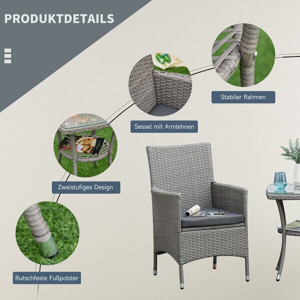 Souprava zahradního nábytku Outsunny Poly Rattan, venkovní lounge nábytek na balkon pro 2 osoby, 3-dílná sedací souprava, 2 křesla, stůl a polstry, za