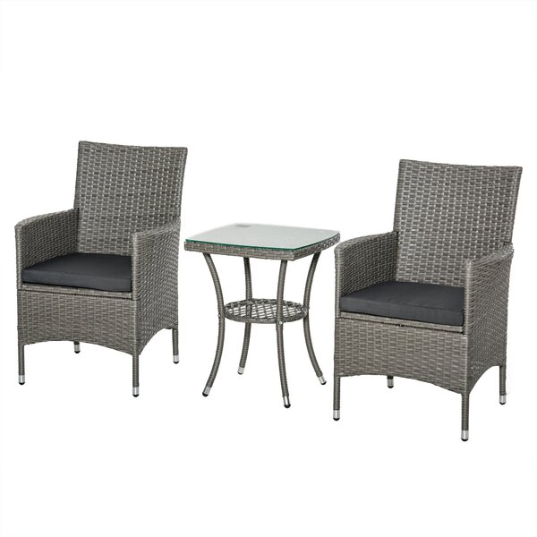 Souprava zahradního nábytku Outsunny Poly Rattan, venkovní lounge nábytek na balkon pro 2 osoby, 3-dílná sedací souprava, 2 křesla, stůl a polstry, za