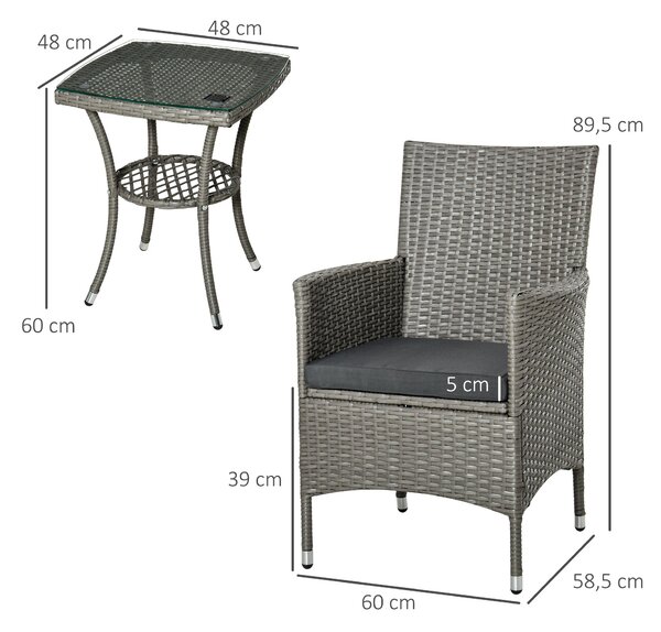 Souprava zahradního nábytku Outsunny Poly Rattan, venkovní lounge nábytek na balkon pro 2 osoby, 3-dílná sedací souprava, 2 křesla, stůl a polstry, za
