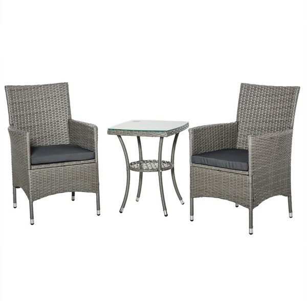 Souprava zahradního nábytku Outsunny Poly Rattan, venkovní lounge nábytek na balkon pro 2 osoby, 3-dílná sedací souprava, 2 křesla, stůl a polstry, za