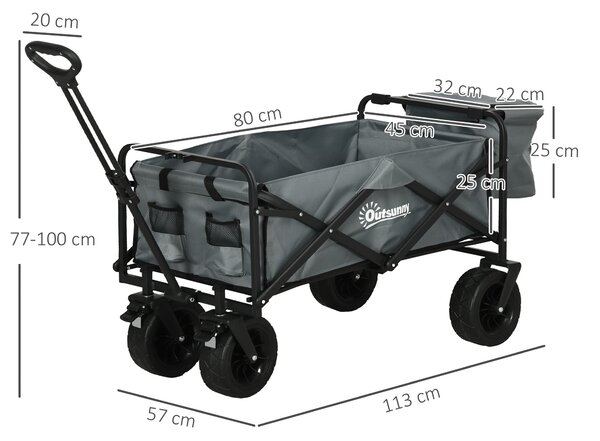 Skládací vozík Outsunny s chladící taškou, plážový vozík s nastavitelnou rukojetí, zahradní vozík do 100 kg nosnost, Oxford, tmavě šedý | Aosom