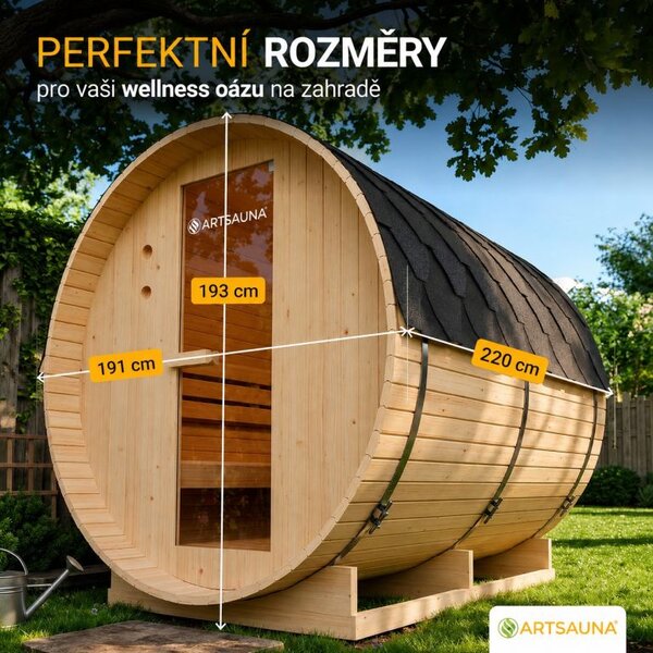 Zahradní sudová sauna pro 6 osob s kamny 8 kW