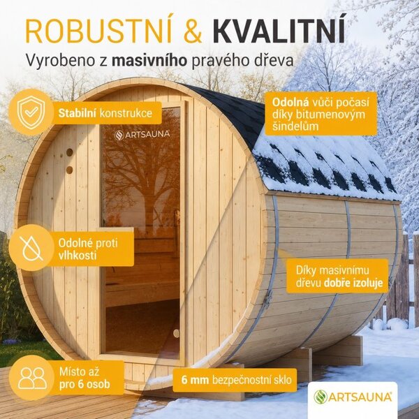 Zahradní sudová sauna pro 6 osob s kamny 8 kW