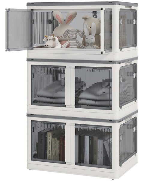HOMCOM Plastová Sada Úložných Boxů 3 ks s Kolíky Skládací Bins Úložný Organizátor pro Hračky, Oblečení, Knihy Bílá, 60cm x 42cm x 34cm | Aosom