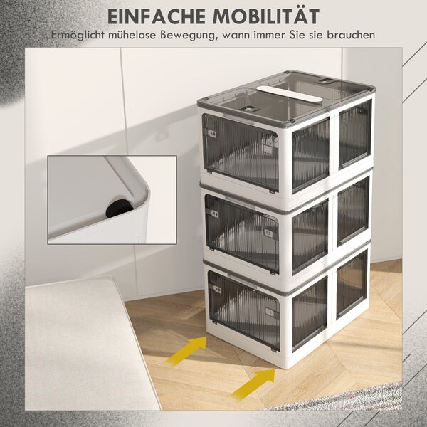 HOMCOM Plastová Sada Úložných Boxů 3 ks s Kolíky Skládací Bins Úložný Organizátor pro Hračky, Oblečení, Knihy Bílá, 60cm x 42cm x 34cm | Aosom