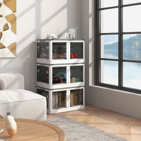 HOMCOM Plastová Sada Úložných Boxů 3 ks s Kolíky Skládací Bins Úložný Organizátor pro Hračky, Oblečení, Knihy Bílá, 60cm x 42cm x 34cm | Aosom