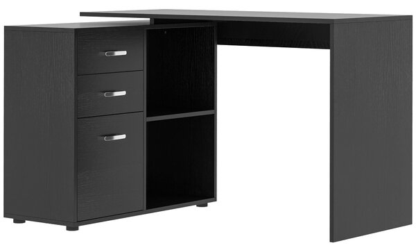 HOMCOM Rohový stůl pro PC se 2 šuplíky a otevřenými policemi, L-tvarovaný stůl z dřeva a kovu, 117x83,5x76 cm, Černý | Aosom