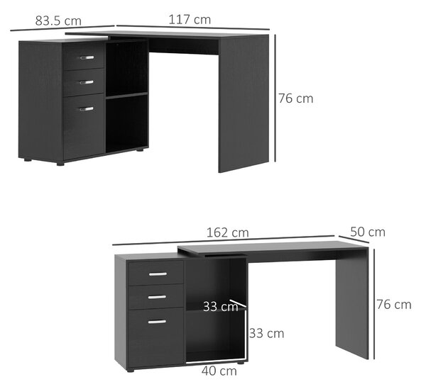 HOMCOM Rohový stůl pro PC se 2 šuplíky a otevřenými policemi, L-tvarovaný stůl z dřeva a kovu, 117x83,5x76 cm, Černý | Aosom