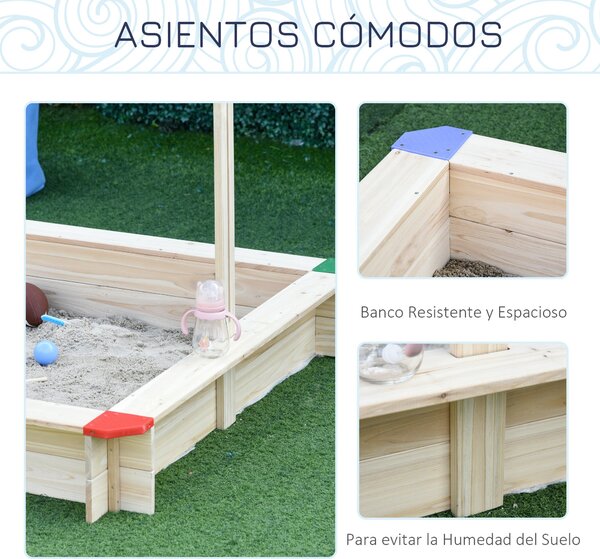 Dřevěný písečný box Outsunny pro děti s markýzou, nastavitelnou střechou a prostornou lavicí 120x120x120 cm pro venkovní hraní | Aosom