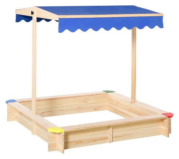 Dřevěný písečný box Outsunny pro děti s markýzou, nastavitelnou střechou a prostornou lavicí 120x120x120 cm pro venkovní hraní | Aosom