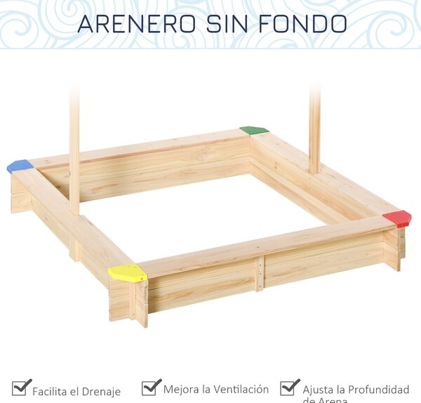 Dřevěný písečný box Outsunny pro děti s markýzou, nastavitelnou střechou a prostornou lavicí 120x120x120 cm pro venkovní hraní | Aosom
