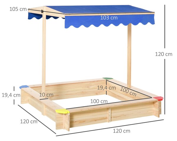 Dřevěný písečný box Outsunny pro děti s markýzou, nastavitelnou střechou a prostornou lavicí 120x120x120 cm pro venkovní hraní | Aosom