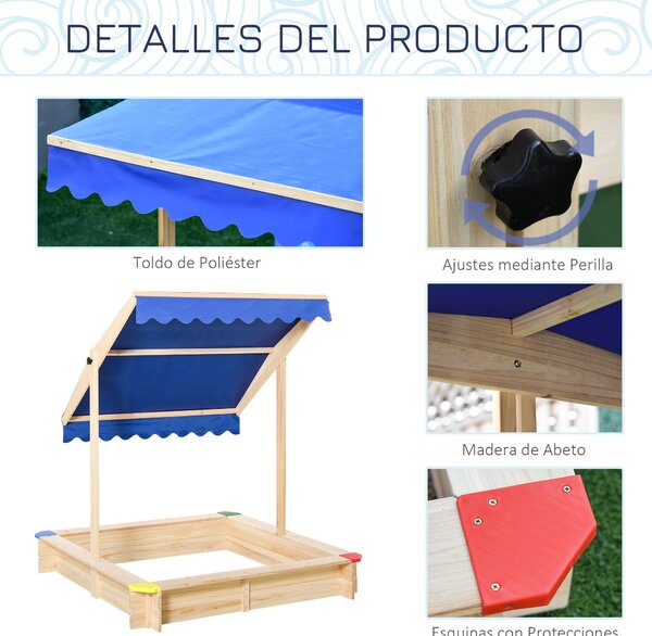Dřevěný písečný box Outsunny pro děti s markýzou, nastavitelnou střechou a prostornou lavicí 120x120x120 cm pro venkovní hraní | Aosom